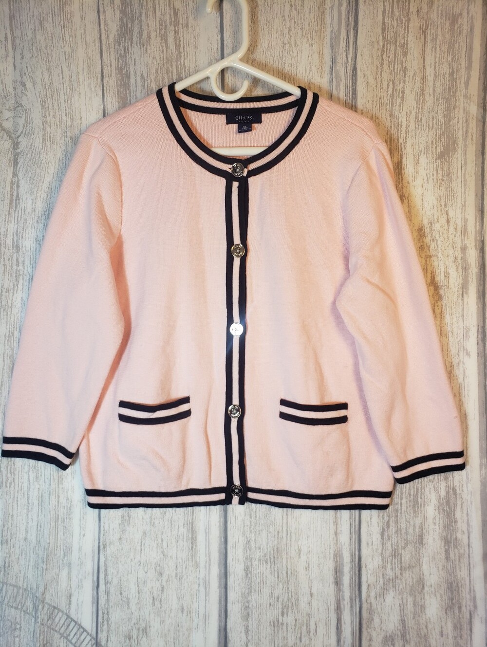 Vtg Y2k Chaps Women's XL Pink knit cardigan Sweater navy blue trim Preppy